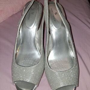 Worthington Silver Glitter Slingback Peep-Toe Heels